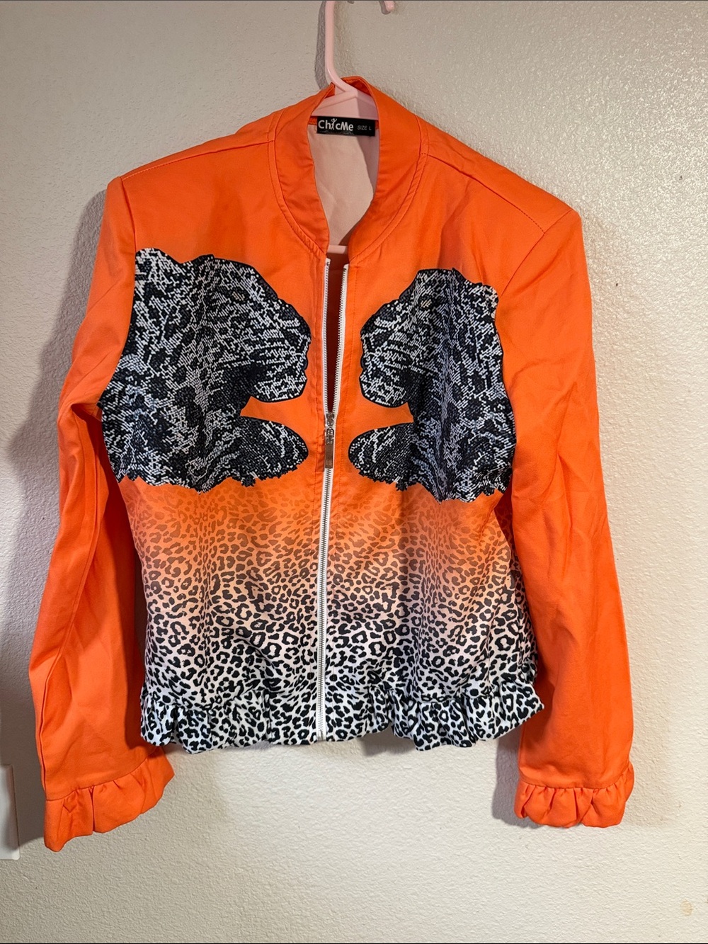 chic Orange and Black Leopard-Accent Bomber Jacket